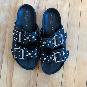 Studded Black Leather Slide Sandals | Double Buckle | Made in Italy | Size EU 39